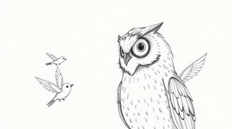 This charming hand-drawn sketch in Pixar style depicts a blind owl with detailed feathers, ingeniously teaching birds to fly.