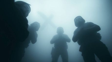 A captivating image depicting a team of misfit heroes shrouded in thick fog, viewed from a dramatic low-angle perspective.  T