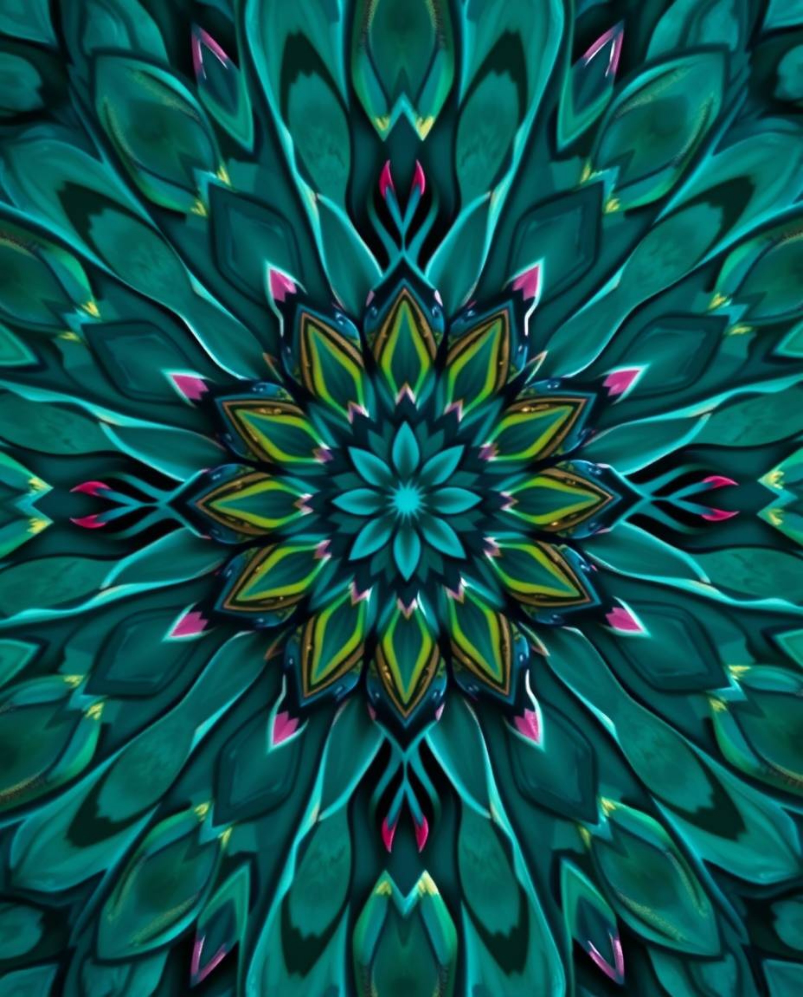 This image features a rich, deep teal close-up shot of a geometric floral mandala.  The focus highlights its vibrant colors a