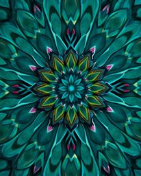 This image features a rich, deep teal close-up shot of a geometric floral mandala.  The focus highlights its vibrant colors a