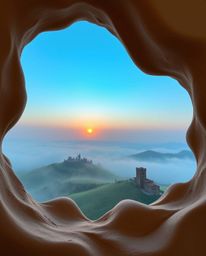 Sculptural clay art depicting a sunset over misty rolling hills in Tuscany, viewed from an overhead bird’s-eye perspective, s