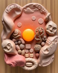 Overhead view of sculptural clay art depicting a sunset over a serene Zen garden, modeled shapes with textured surfaces, top-