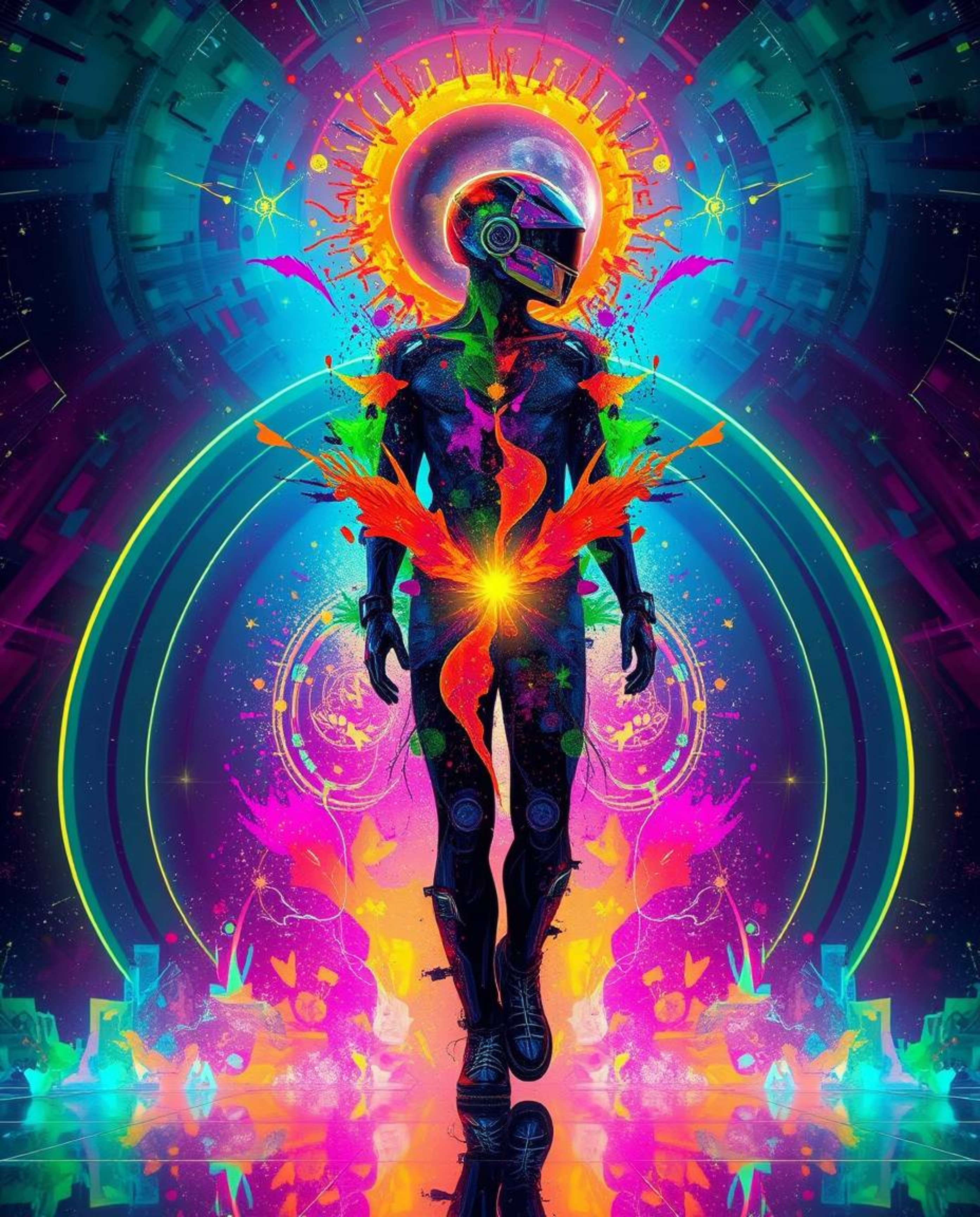 Immerse yourself in a futuristic sci-fi world with this stunning artwork featuring colorful splash patterns that dynamically 