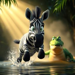 A captivating close-up shot showcases a 3D cartoon zebra and crocodile in a lush jungle environment. Volumetric lighting pain