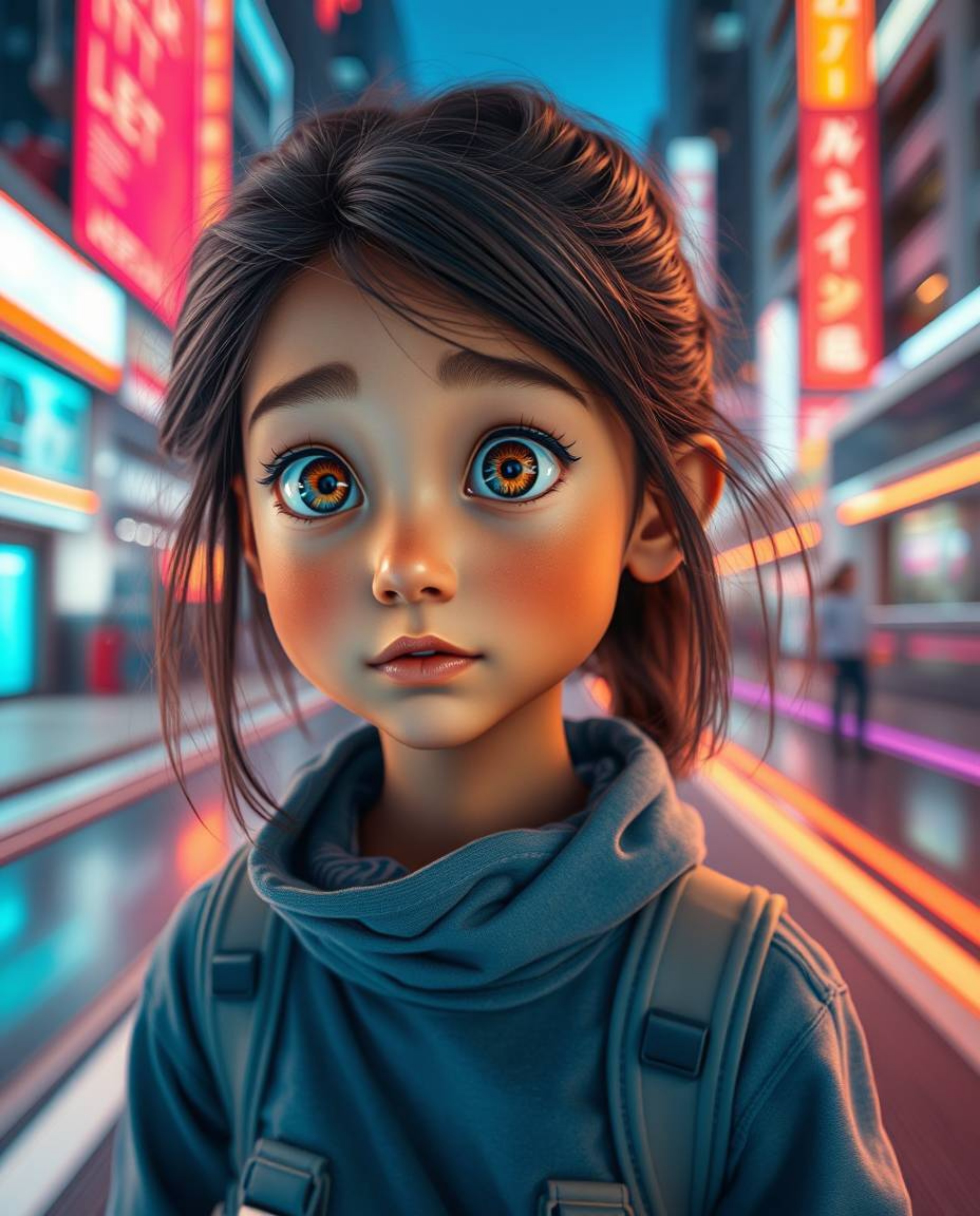 Capture the magic of long exposure photography in a futuristic cityscape featuring a young inventor girl with tan skin and fo