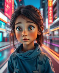 Capture the magic of long exposure photography in a futuristic cityscape featuring a young inventor girl with tan skin and fo