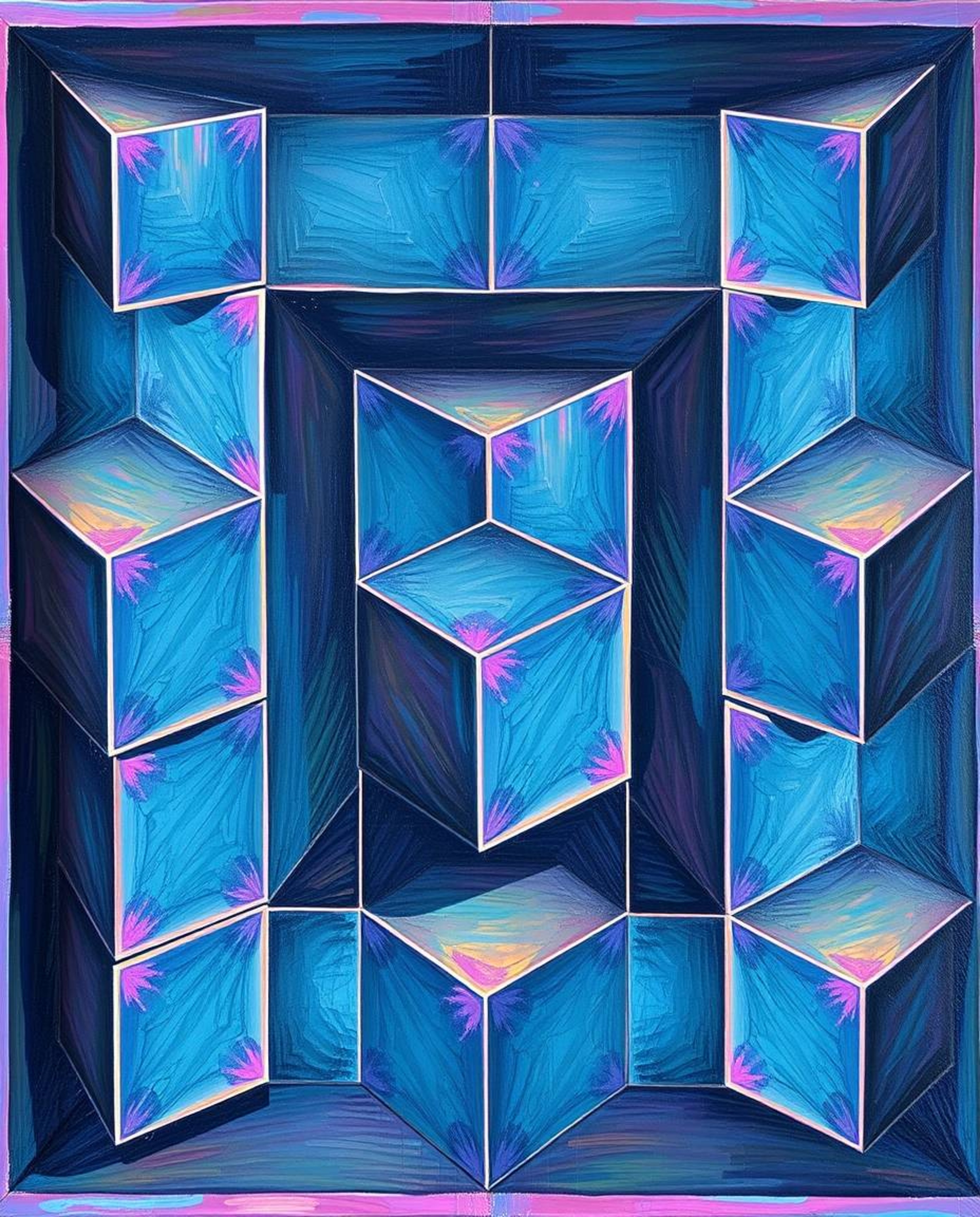 This classic oil painting features a mesmerizing repetitive cube pattern rendered in the impossible geometry style of M.C. Es