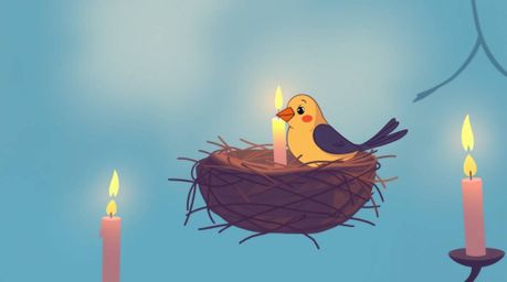 A charming animation depicting two cartoon birds constructing a nest under warm candlelight.  The scene features a cool color