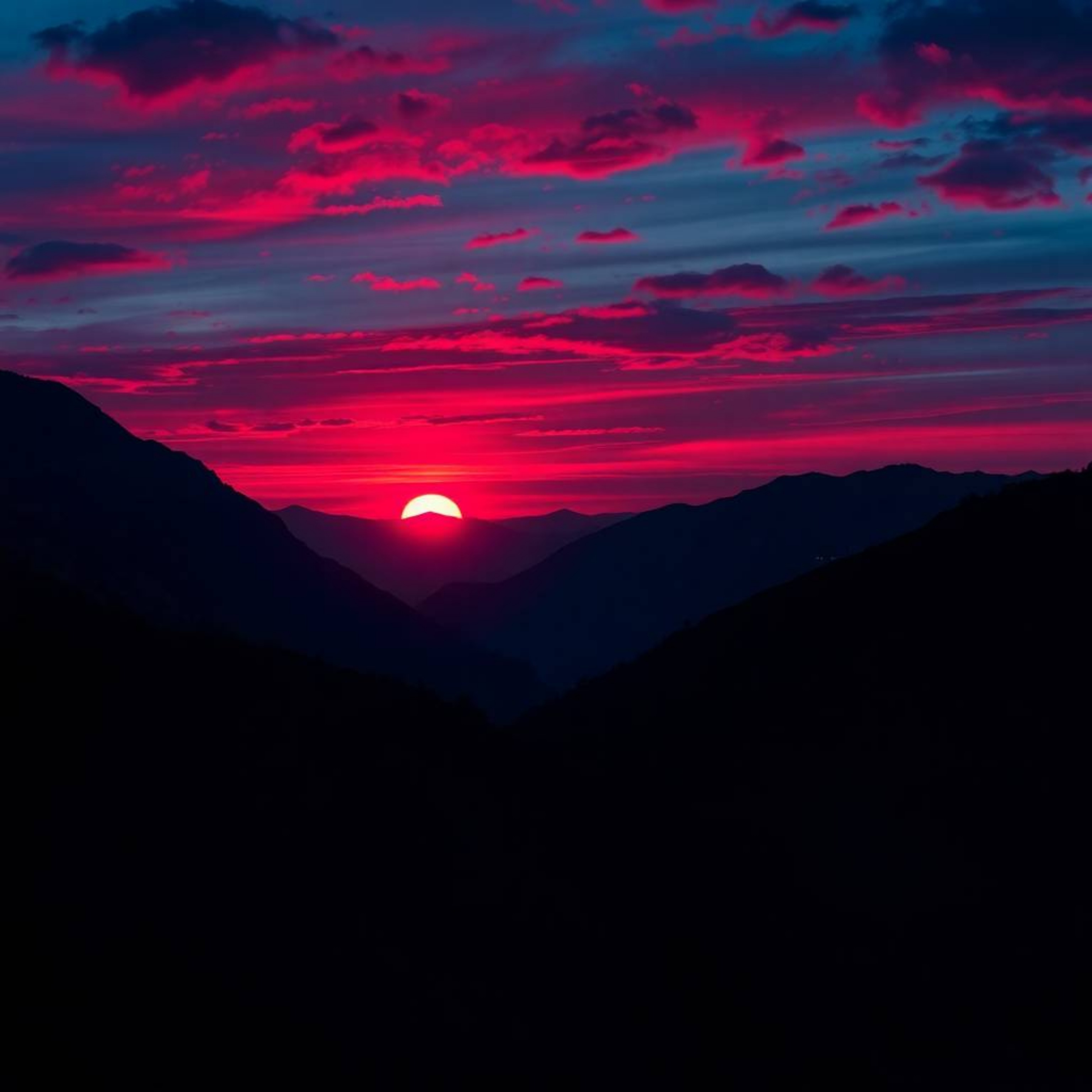 Experience the breathtaking beauty of a sophisticated sunset over a serene mountain valley.  Rendered in vibrant, bioluminesc