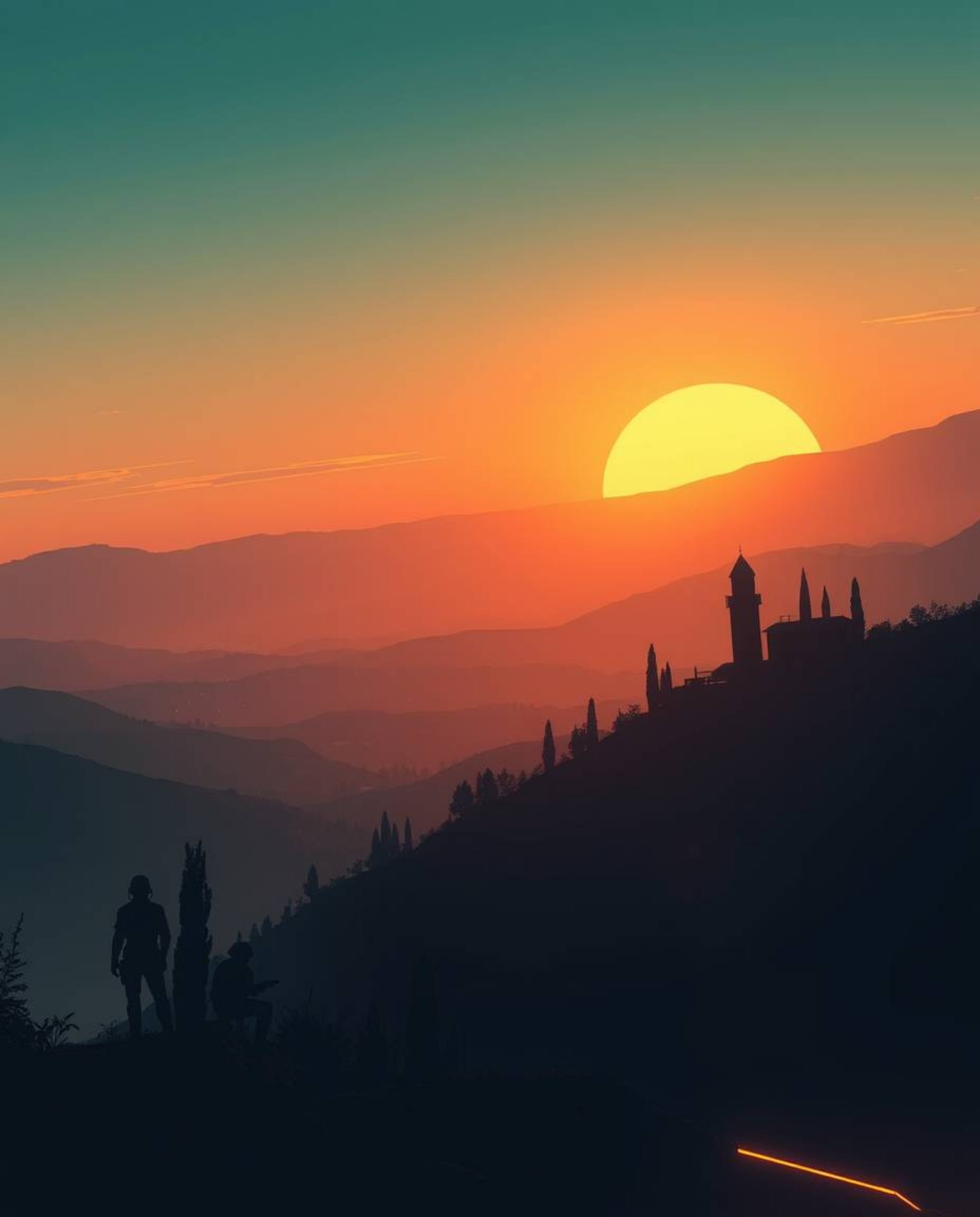 A futuristic sci-fi illustration of a silhouetted Tuscan sunset over misty hills, viewed from a low angle, with backlighting,