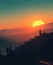 A futuristic sci-fi illustration of a silhouetted Tuscan sunset over misty hills, viewed from a low angle, with backlighting,