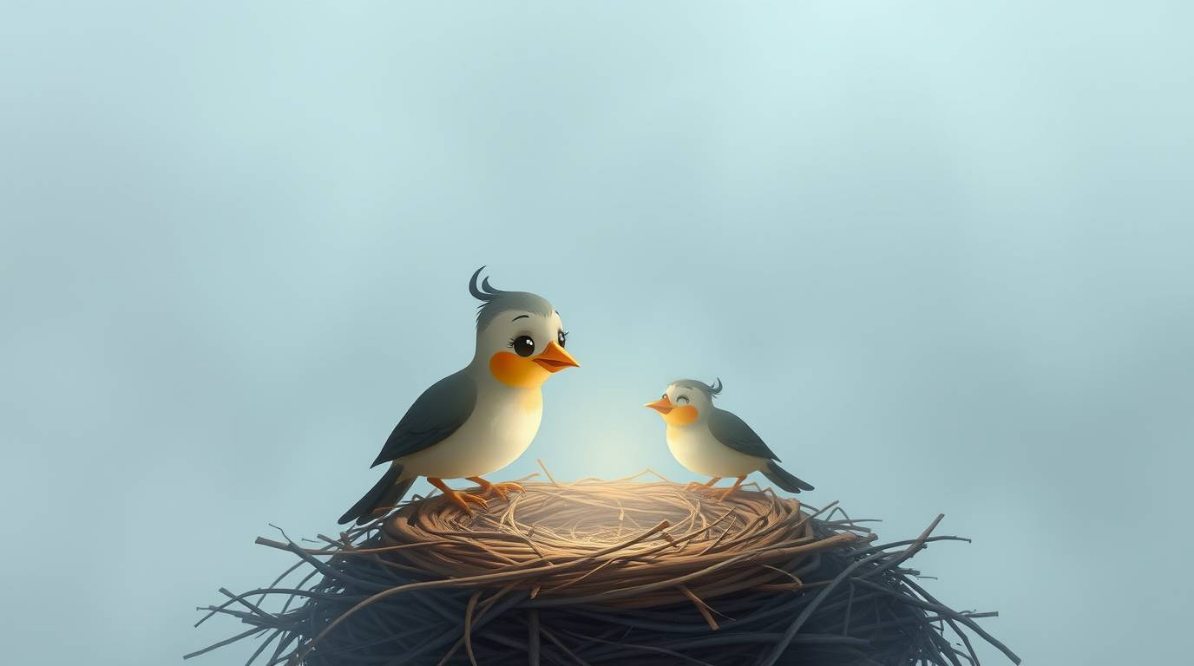 A charming digital painting depicts two cartoon birds diligently building a nest, rendered in a classic animation style. The 