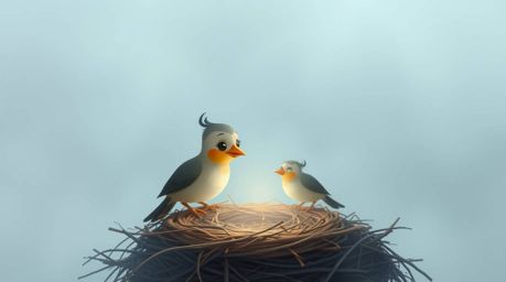 A charming digital painting depicts two cartoon birds diligently building a nest, rendered in a classic animation style. The