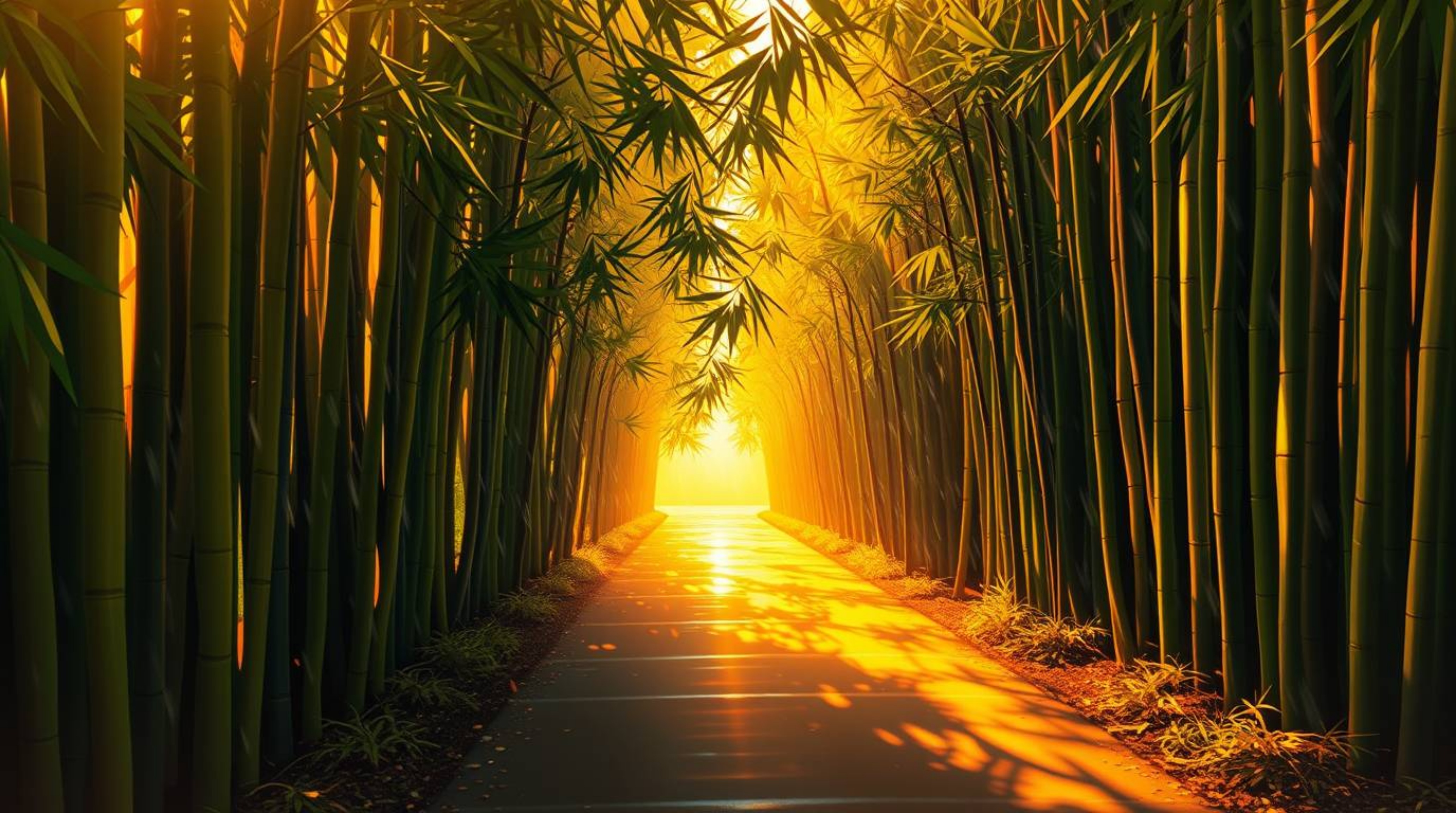 This digital painting captures a serene split bamboo forest scene bathed in the warm glow of a sunset. Drizzling rain creates
