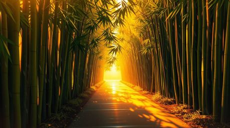 This digital painting captures a serene split bamboo forest scene bathed in the warm glow of a sunset. Drizzling rain creates