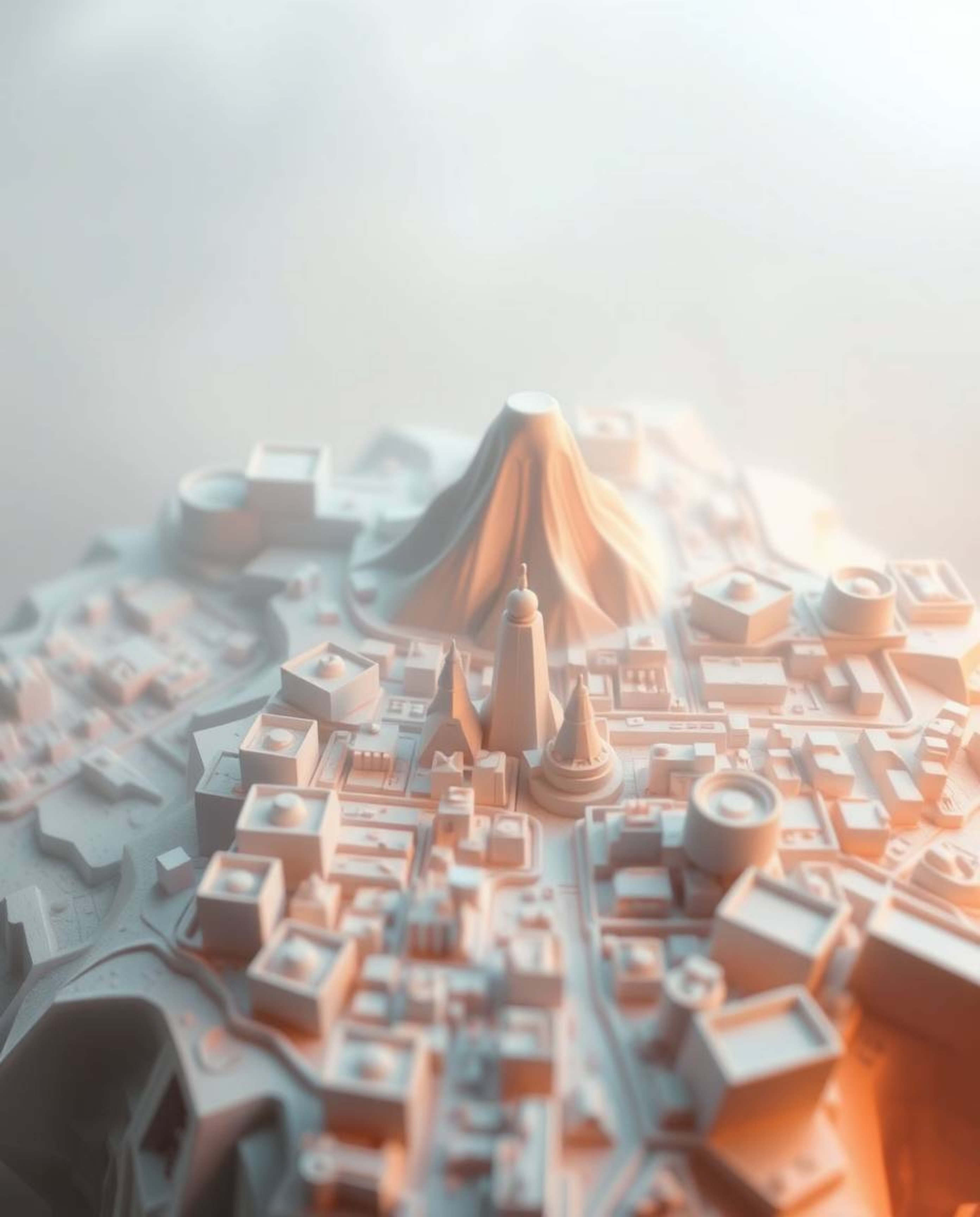 A sculptural clay art piece, viewed from above, evokes a soft cinematic haze and pastel colors, portraying an abstract city m