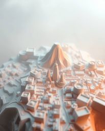 A sculptural clay art piece, viewed from above, evokes a soft cinematic haze and pastel colors, portraying an abstract city m