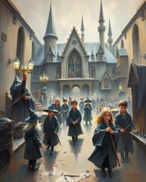 This classic oil painting captures the essence of a magical school teeming with young wizards. The artwork is rendered in a s
