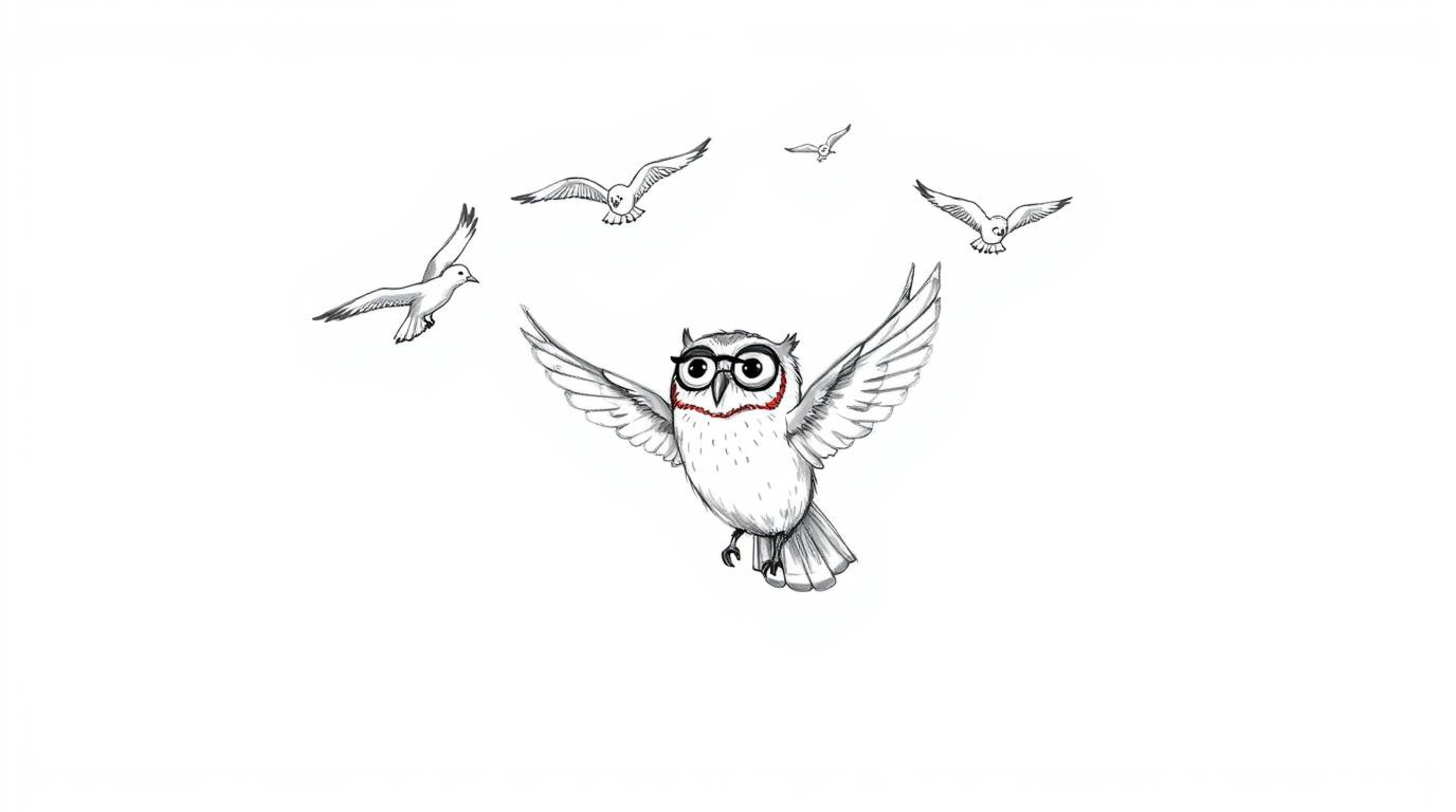 A charming hand-drawn sketch depicts a blind owl, rendered in a Pixar-esque style, guiding a formation of birds to fly in per