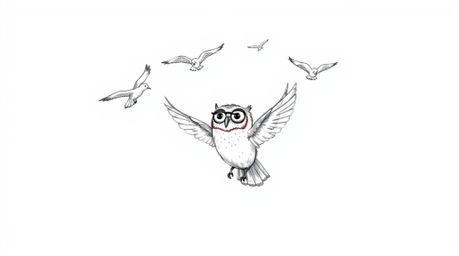 A charming hand-drawn sketch depicts a blind owl, rendered in a Pixar-esque style, guiding a formation of birds to fly in per