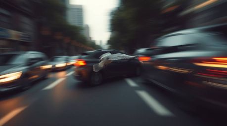A captivating image showcasing a fast-running bird in sharp focus, blurring past city traffic.  The moody style is achieved t