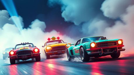 Experience a mind-bending racing scene filled with wacky and outlandish cars, brought to life with electric and vivid colors.