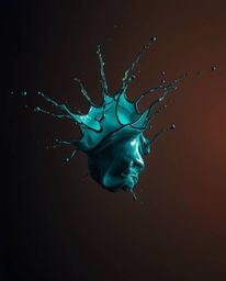 An intense dramatic lighting emphasizes a rich, deep teal paint splash suspended in mid-air, meticulously captured with a hig