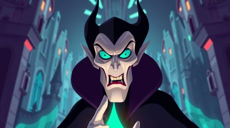 A captivating illustration of a classic Disney villain, rendered in a modern flat design style. The villain, with sharp angu