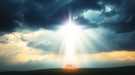 Experience an ethereal spiritual vibe captured in an intense dramatic scene. Steps of light ascend into a stormy sky, watched