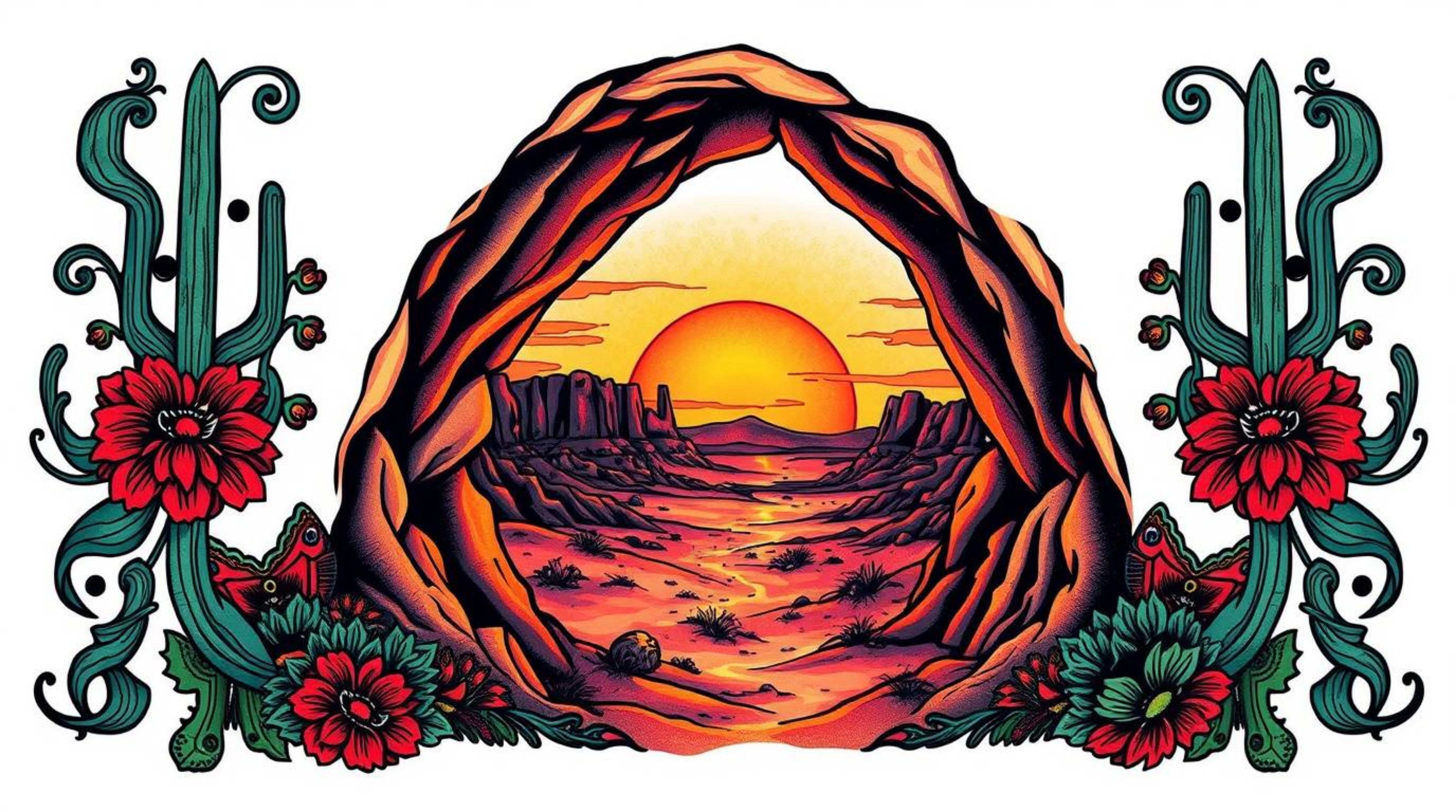 A striking art print combining symbolic traditional tattoo art with a vibrant desert sunset seen through a natural rock arch.