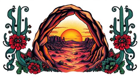 A striking art print combining symbolic traditional tattoo art with a vibrant desert sunset seen through a natural rock arch.