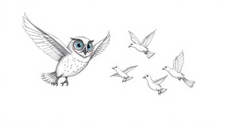 A hand-drawn pencil sketch, reminiscent of Pixar animation, depicts a blind owl guiding a flock of birds.  The artwork highli