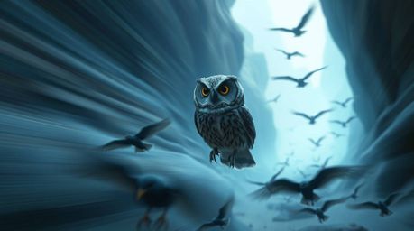 A cinematic scene unfolds, portraying a blind owl in the style of Pixar animation, guiding a flock of birds through a vibrant