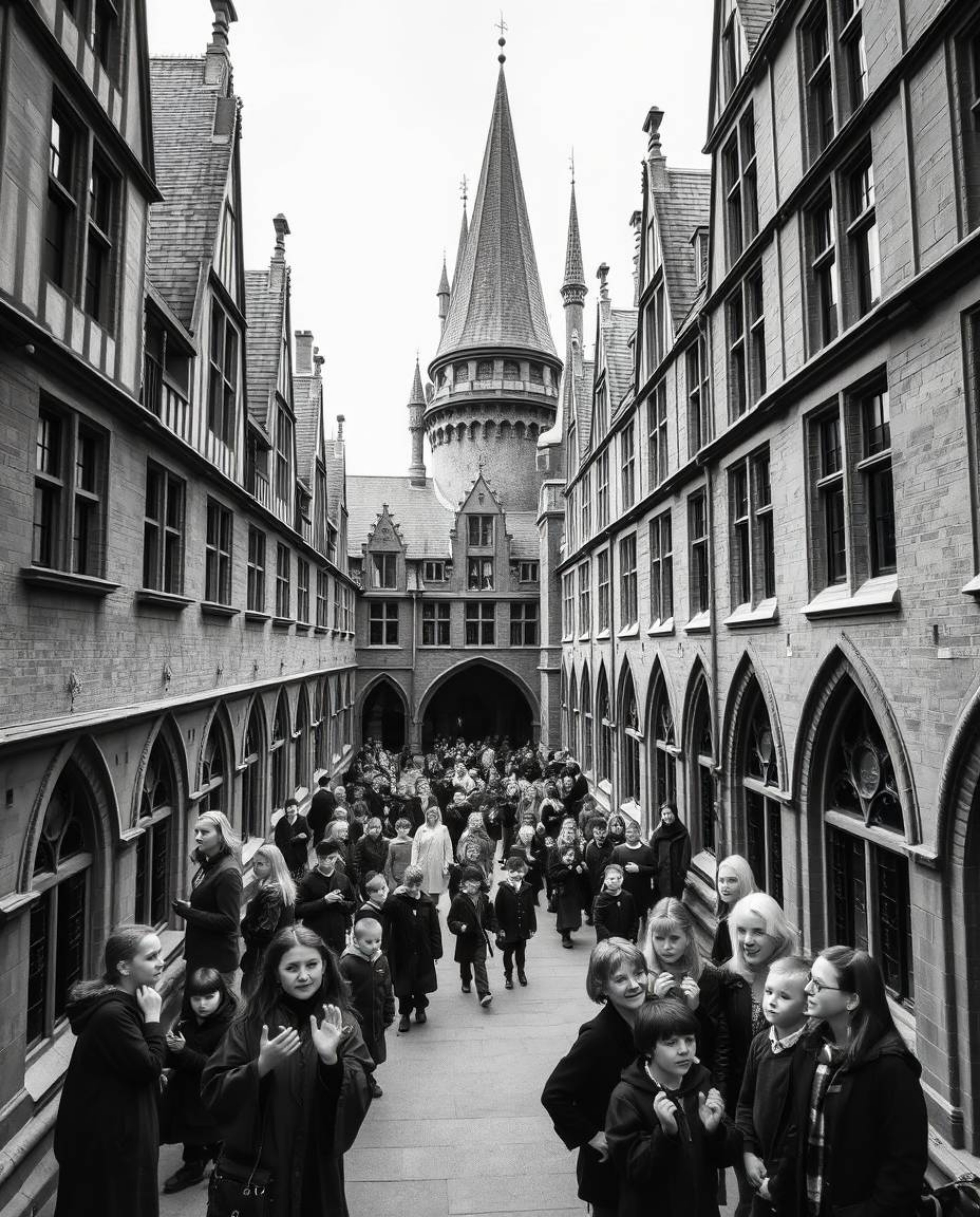 A captivating classic black and white architectural photograph depicts a magical school brimming with young wizards.  The ima