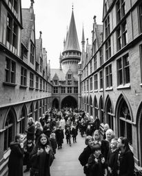 A captivating classic black and white architectural photograph depicts a magical school brimming with young wizards.  The ima