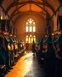 Step into a magical school brimming with young wizards, bathed in the enchanting glow of golden hour light. The academy showc