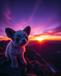 This artwork highlights adorable and cute features in a sunset scene viewed from a high alpine peak. The landscape is rendere
