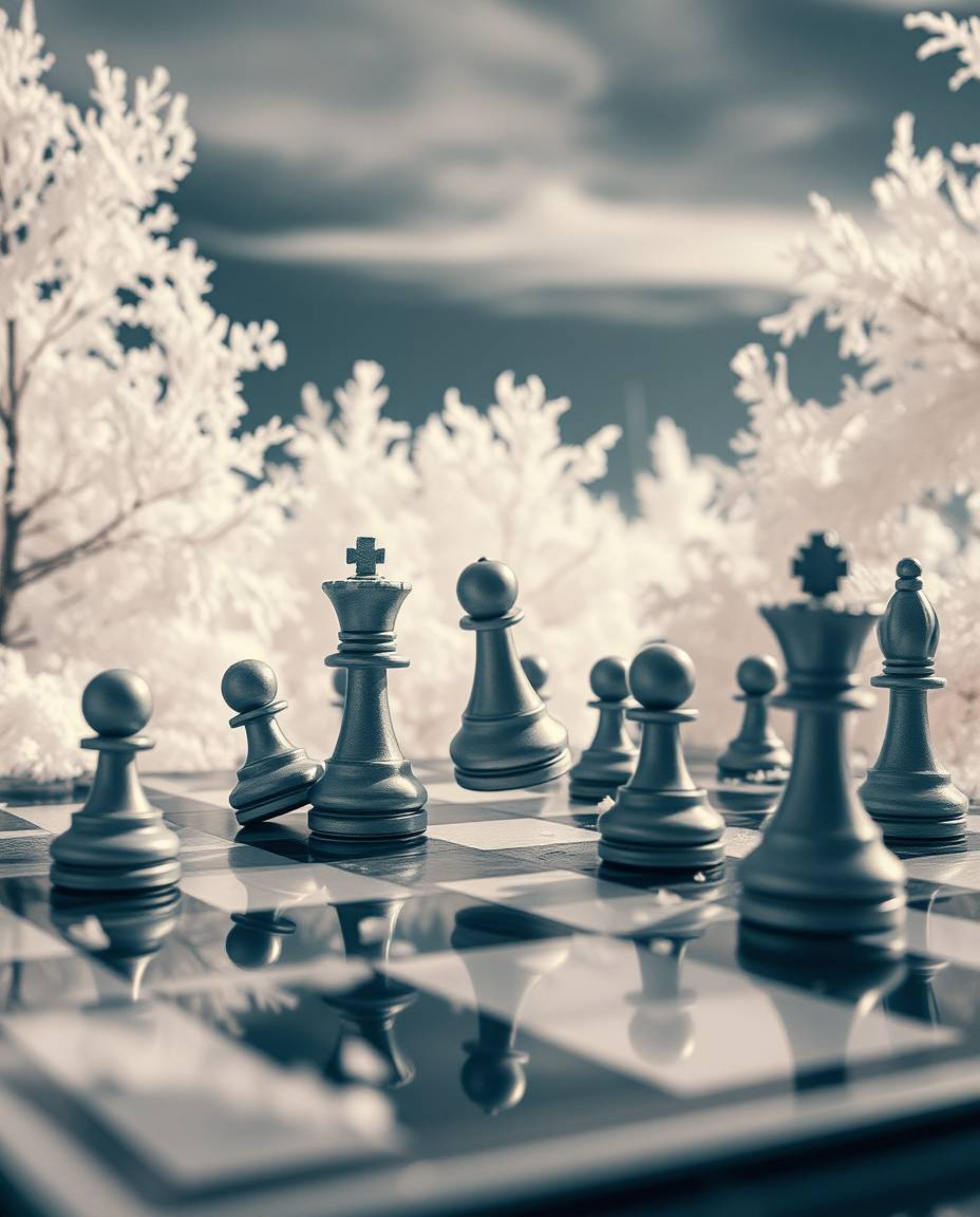 This surreal infrared image captures a chessboard in a state of frozen destruction, with pieces suspended mid-air in a gracef