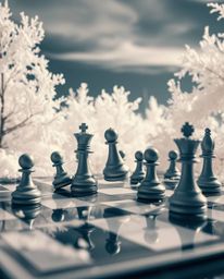 This surreal infrared image captures a chessboard in a state of frozen destruction, with pieces suspended mid-air in a gracef