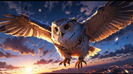 In a beautifully serene and magical scene, rendered in a blend of Pixar and anime styles, a wise blind owl teaches the art of