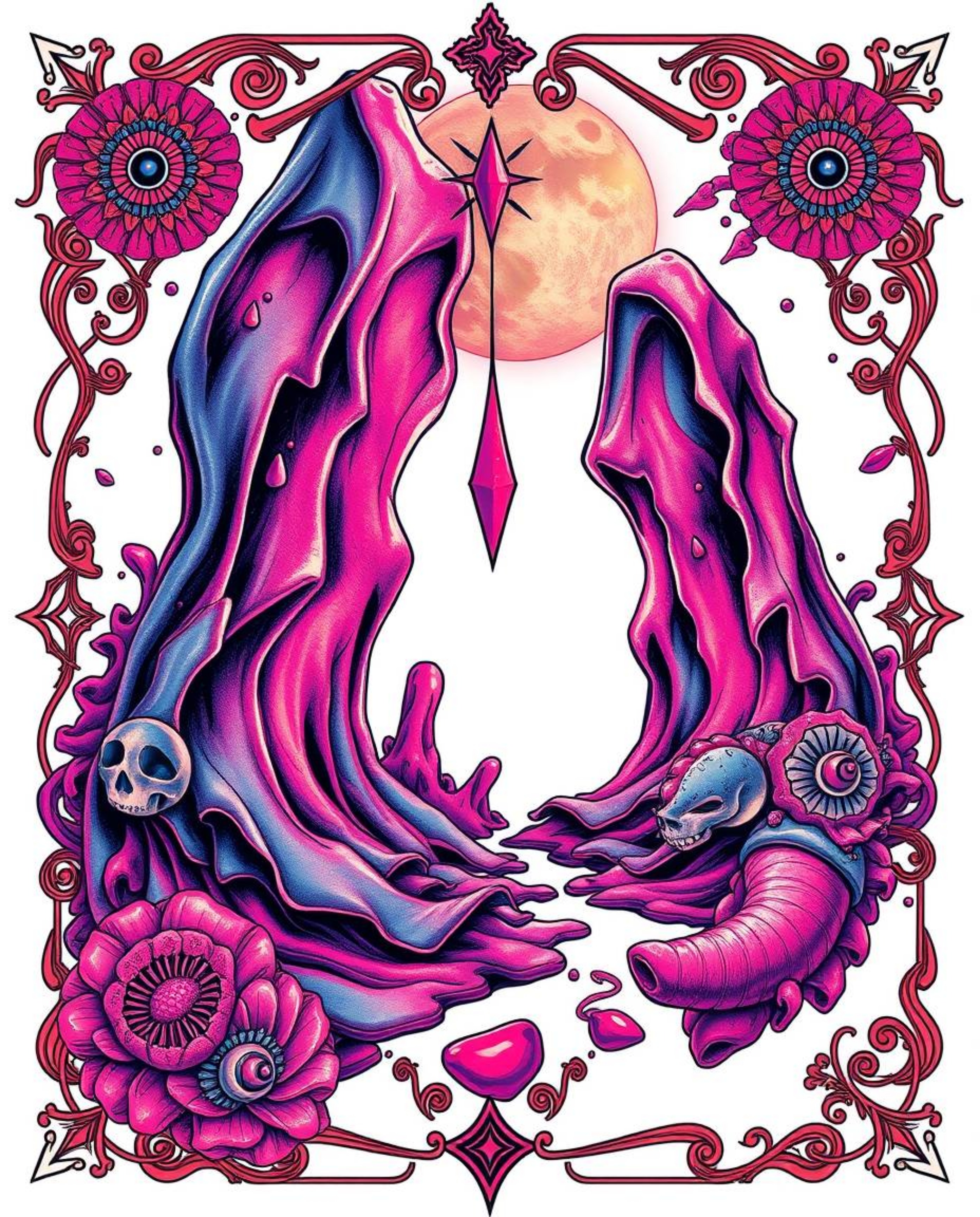 This artwork presents a symbolic traditional tattoo art print rendered in surreal infrared tones. The piece features captivat