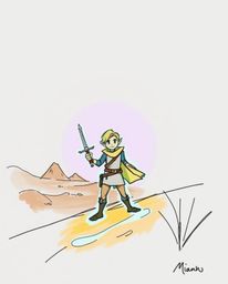 A brave hero embarks on a vibrant desert adventure, depicted in a hand-drawn sketch with glowing bioluminescent colors.  The 