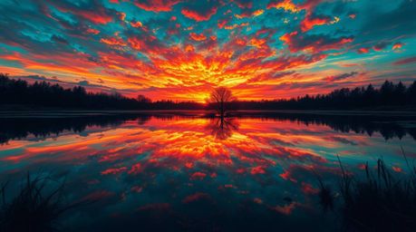 A stunning digital painting showcasing a vibrant sunset reflected in a calm pond.  The artwork features rich deep teal hues, 