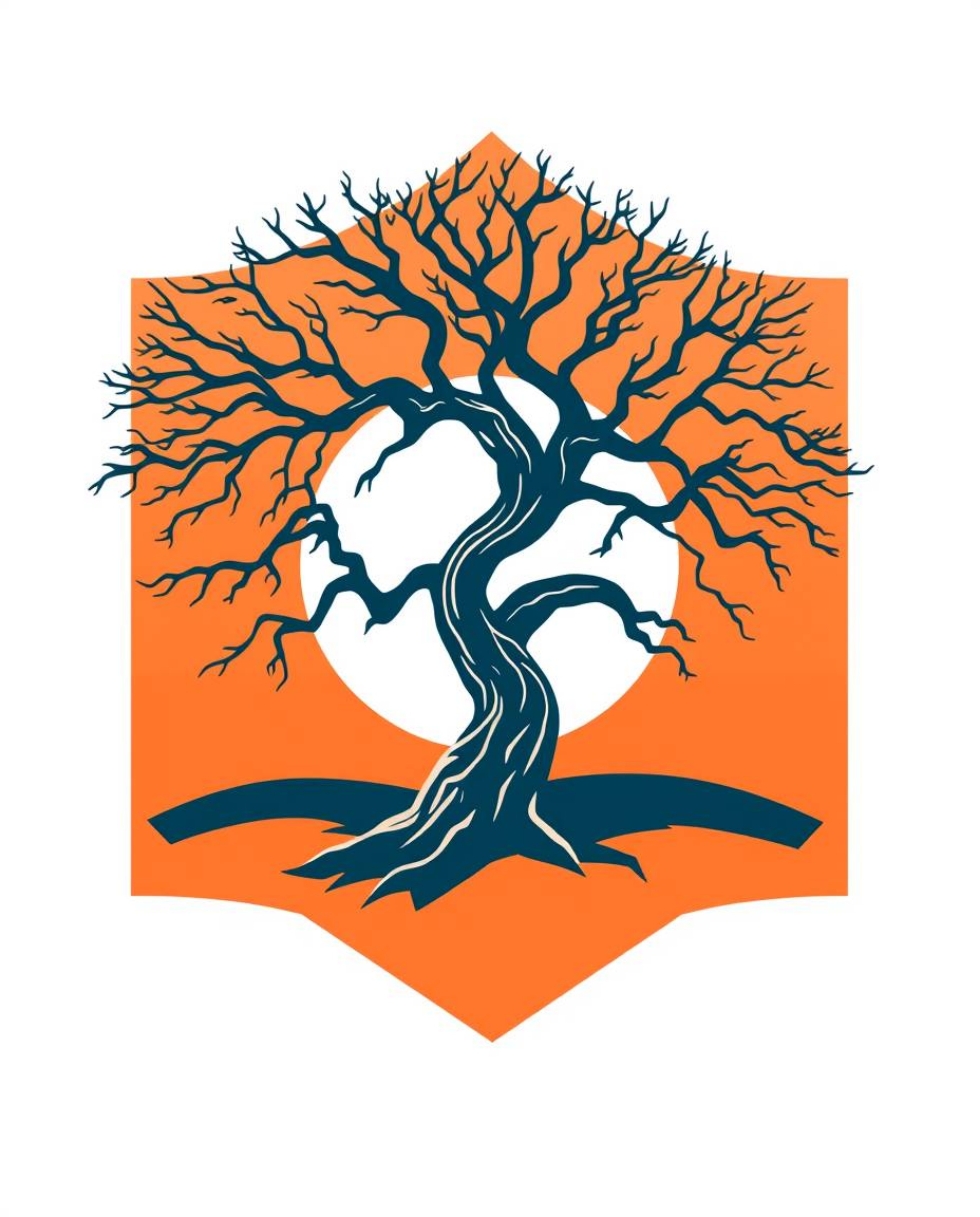 A logo inspired by a sunset behind a twisted oak tree: terracotta and teal geometric shapes create a balanced, symmetrical de