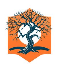 A logo inspired by a sunset behind a twisted oak tree: terracotta and teal geometric shapes create a balanced, symmetrical de