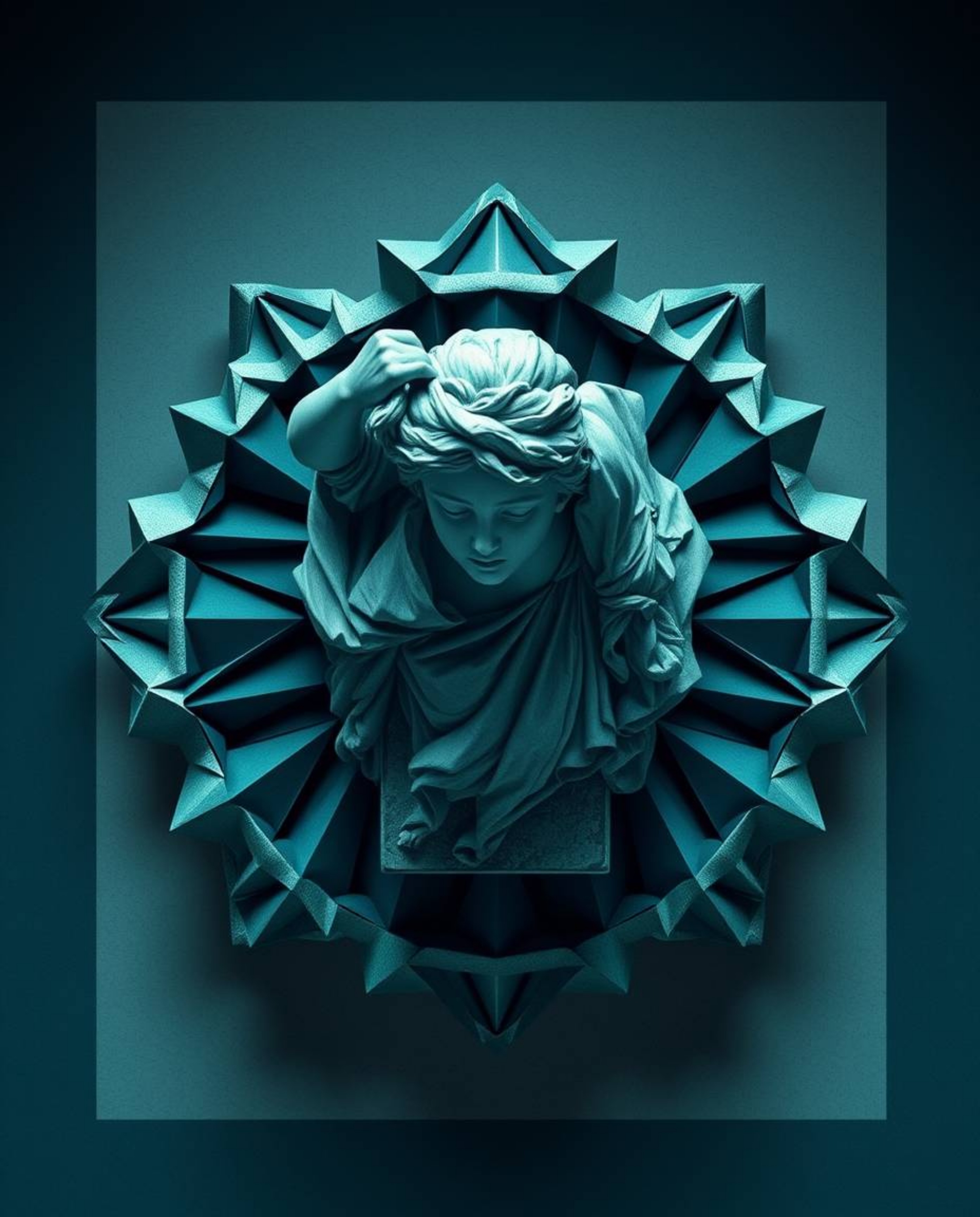 This artwork presents a captivating overhead bird's-eye view of a classical sculpture reimagined with a vibrant glitch effect