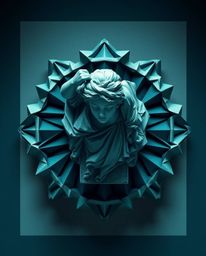 This artwork presents a captivating overhead bird's-eye view of a classical sculpture reimagined with a vibrant glitch effect