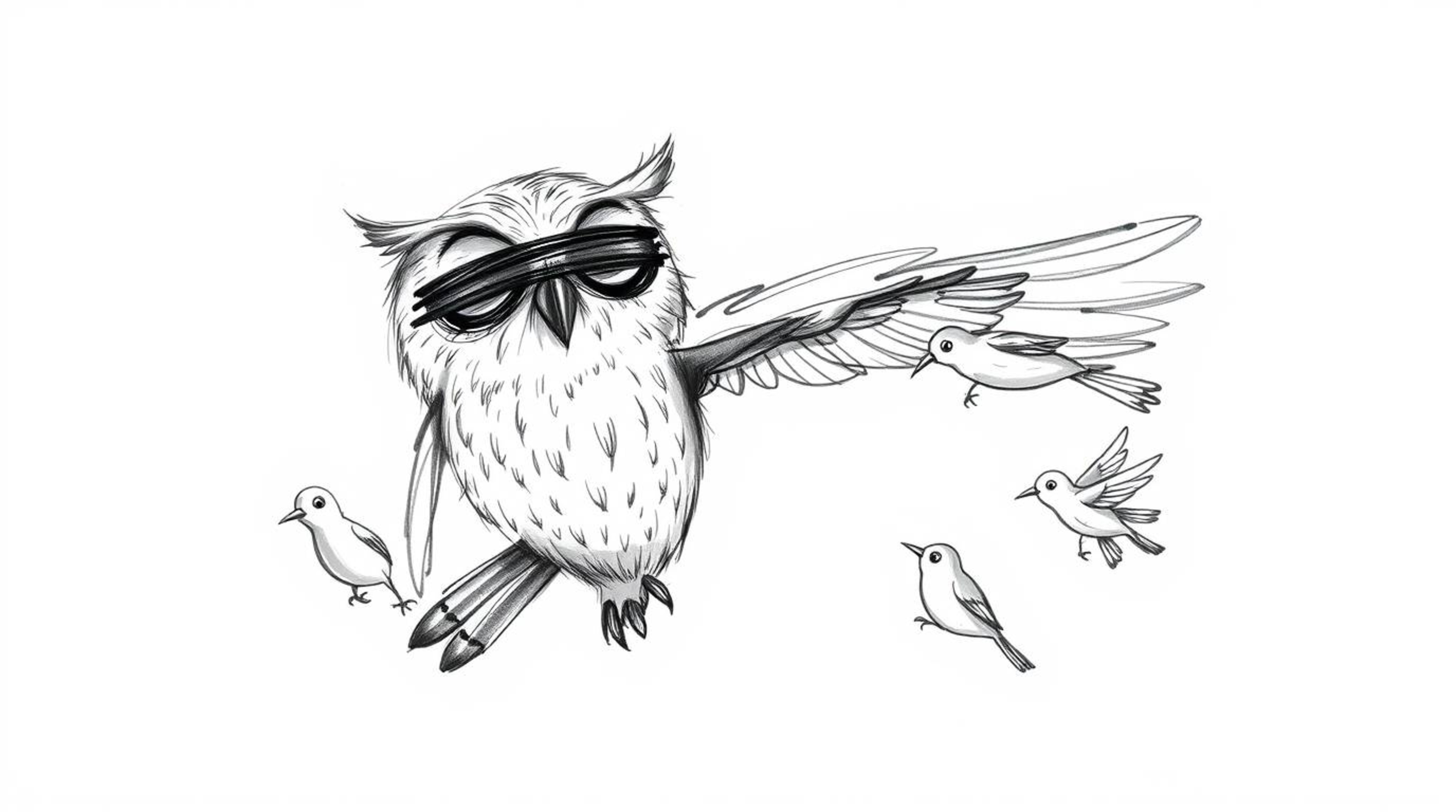 A charming hand-drawn sketch in the style of Pixar depicts a blind owl, head tilted, patiently teaching small birds to fly.  