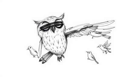 A charming hand-drawn sketch in the style of Pixar depicts a blind owl, head tilted, patiently teaching small birds to fly.  