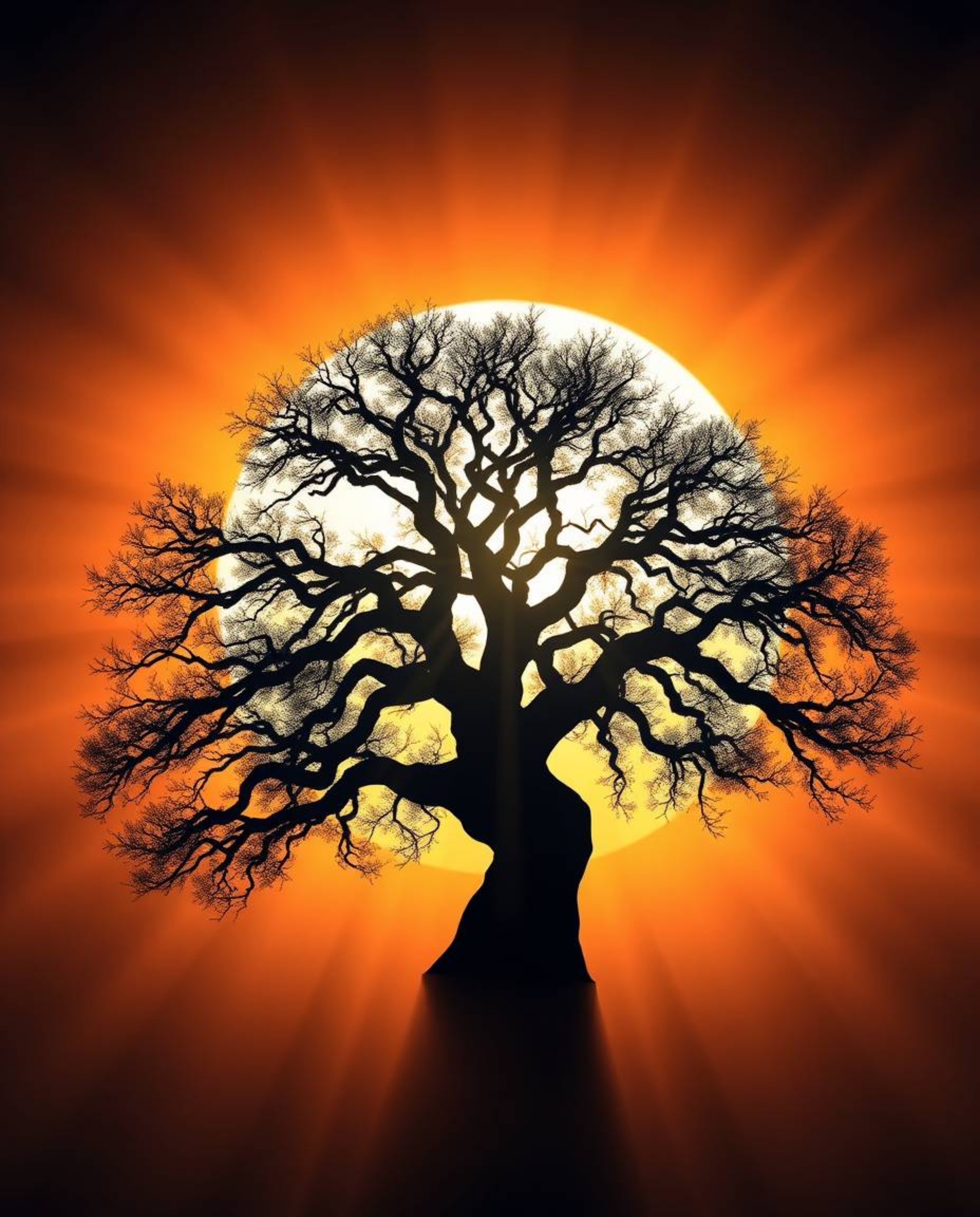 A geometric logo inspired by volumetric lighting, depicting a sunset behind an old oak tree with twisted branches. This desig